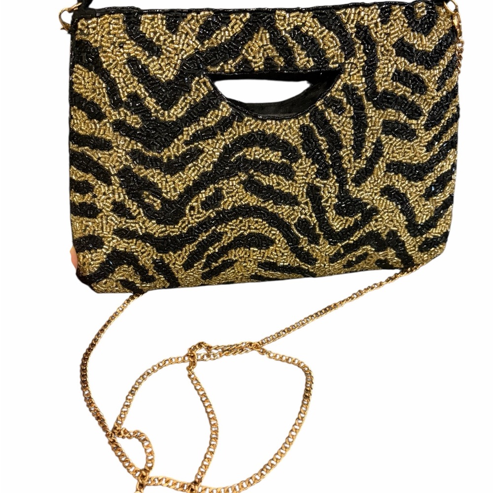 Rachel Zoe Black and Gold Animal Print Clutch Bag w/Crossbody Strap